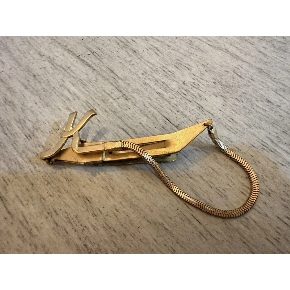 K Monogram Initials Letter  Snake Chain Vintage FOLDING ANSON Tie Bar Clip MCM
